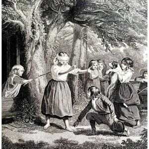 Children Playing On Farm Steel Engraving 1859 Victorian Blindfolded Art DWY5F